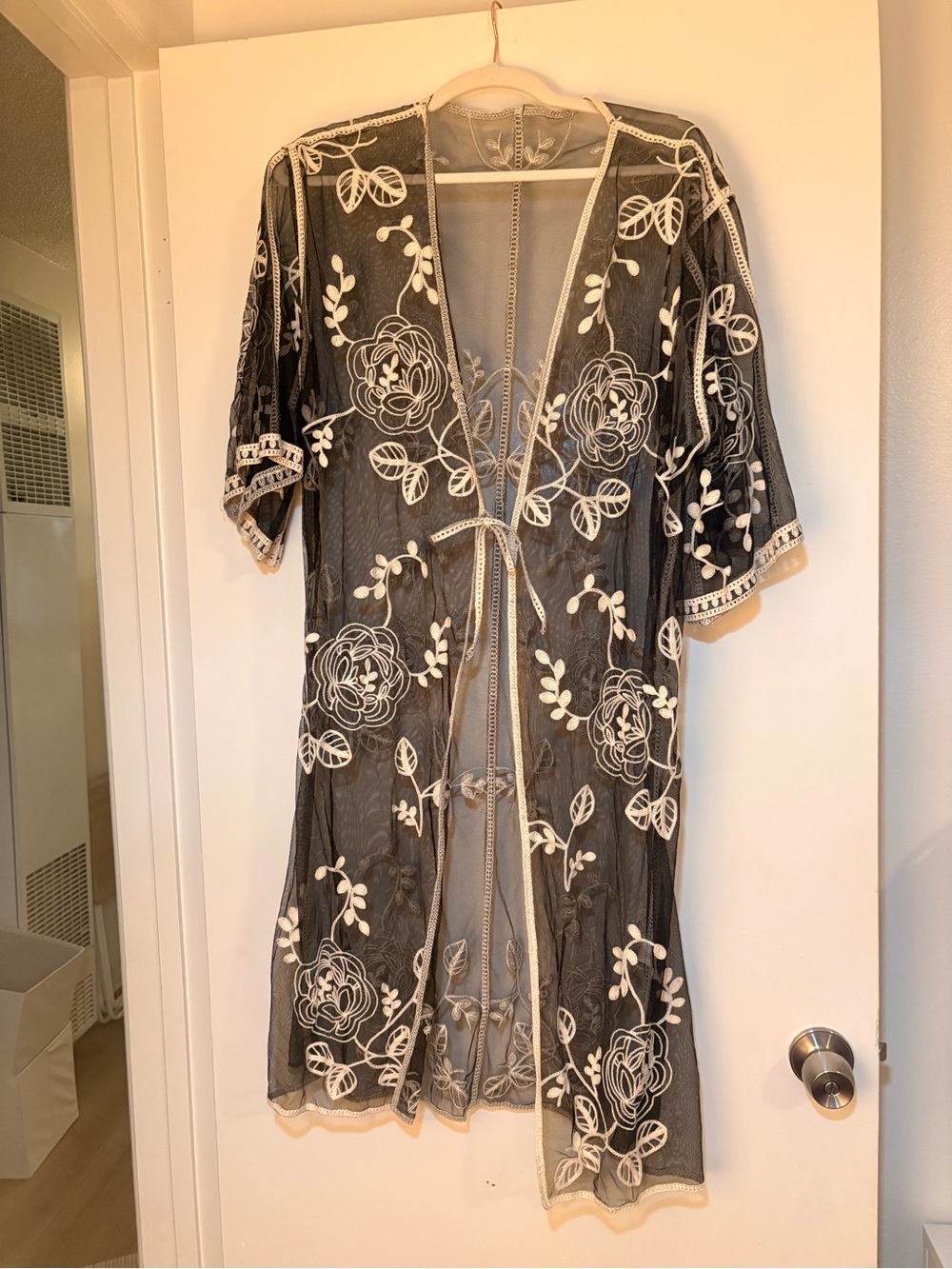 Sheer Black Embroidered Floral Kimono Cover-Up